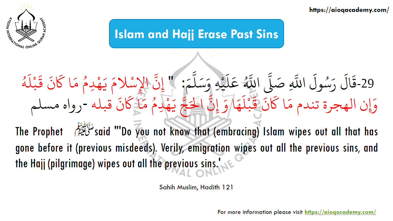 Hadith 29: Islam, Emigration and Hajj Erase Past Sins — Arabic text and source reference